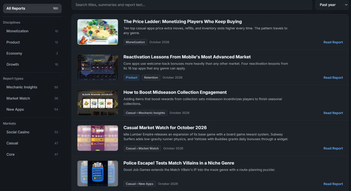 The Deep Dives report hub, with its bucket side card and report list