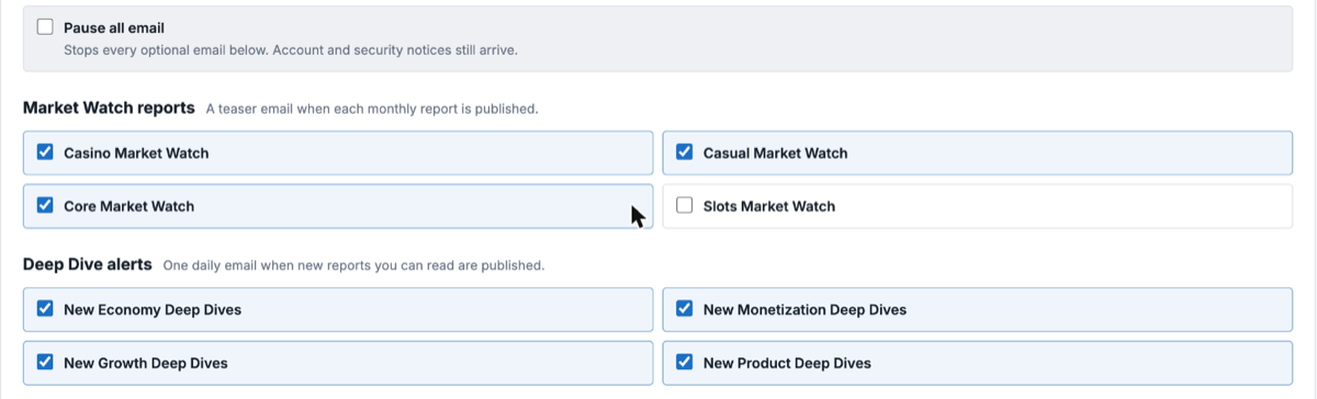 The email notifications controls in Market Pulse Settings, with Pause all email, a checkbox per Market Watch segment, and a checkbox per Deep Dive discipline