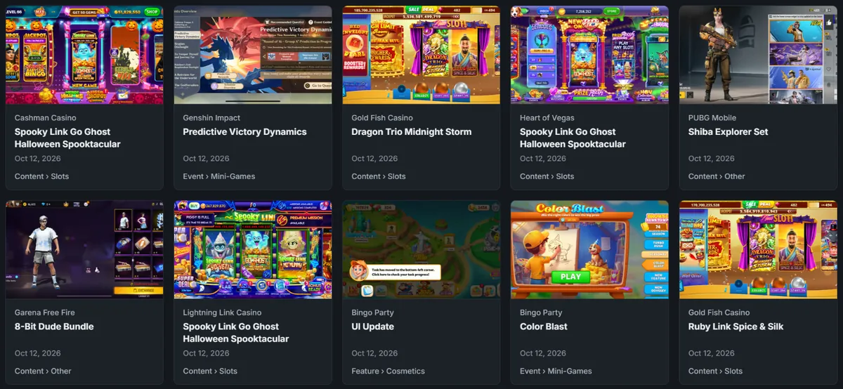 Feature Database results, one card per release with its app, title, type, and date