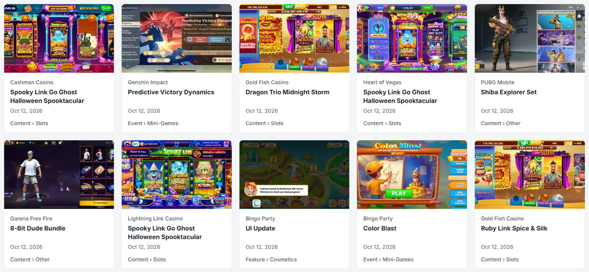 Feature Database results, one card per release with its app, title, type, and date